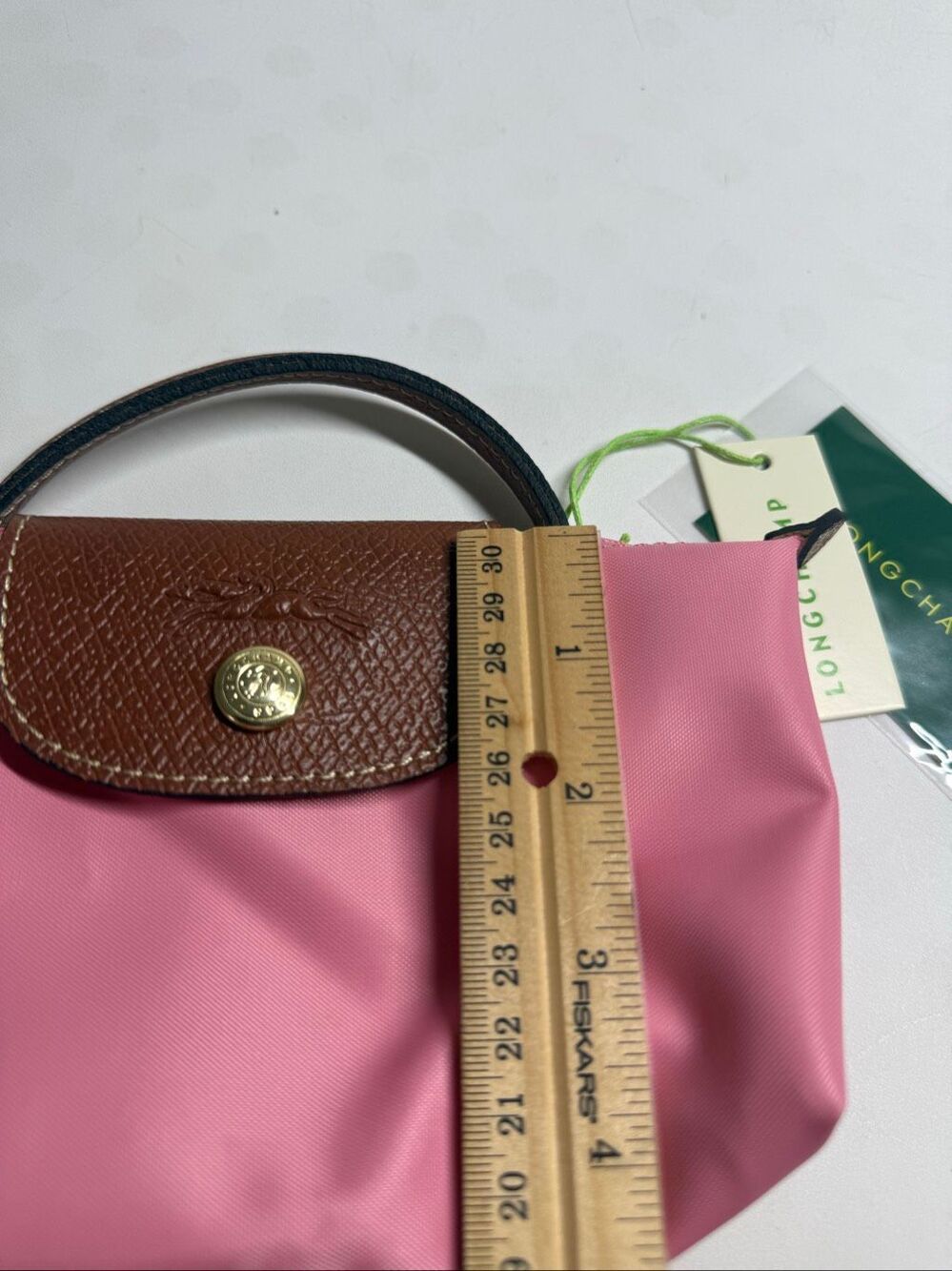 Longchamp Mini Le Pliage Nylon Guimauve Blush Pink Brown Top Handle Bag + Strap - Picture 14 of 14